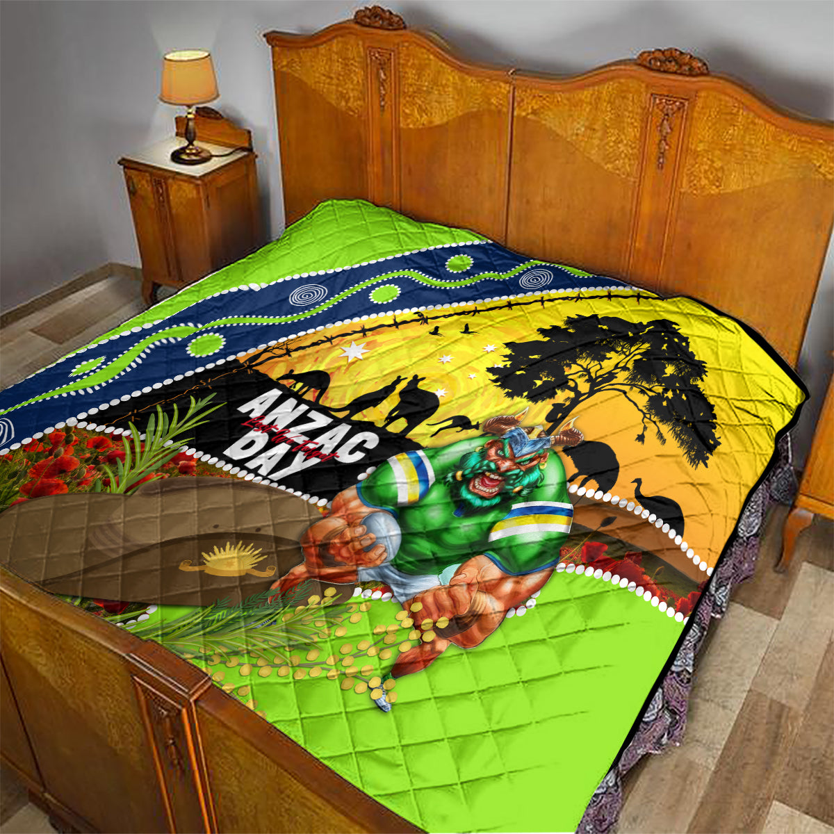 Raiders Rugby ANZAC Day Quilt Green Machine Mascot Rosemary Starry Night
