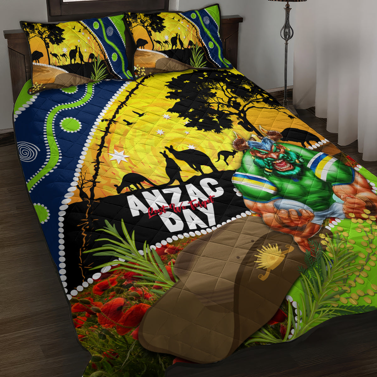 Raiders Rugby ANZAC Day Quilt Bed Set Green Machine Mascot Rosemary Starry Night