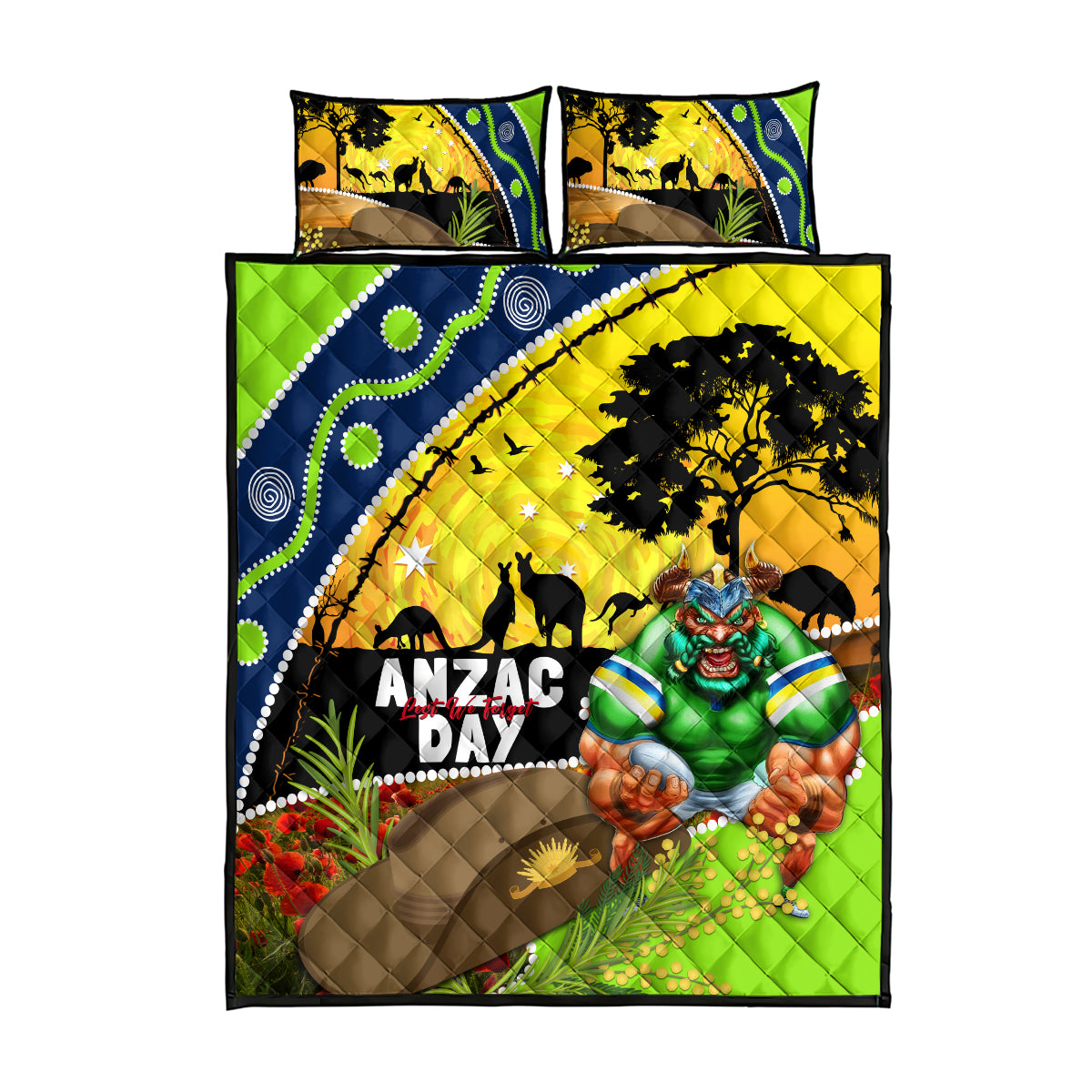 Raiders Rugby ANZAC Day Quilt Bed Set Green Machine Mascot Rosemary Starry Night