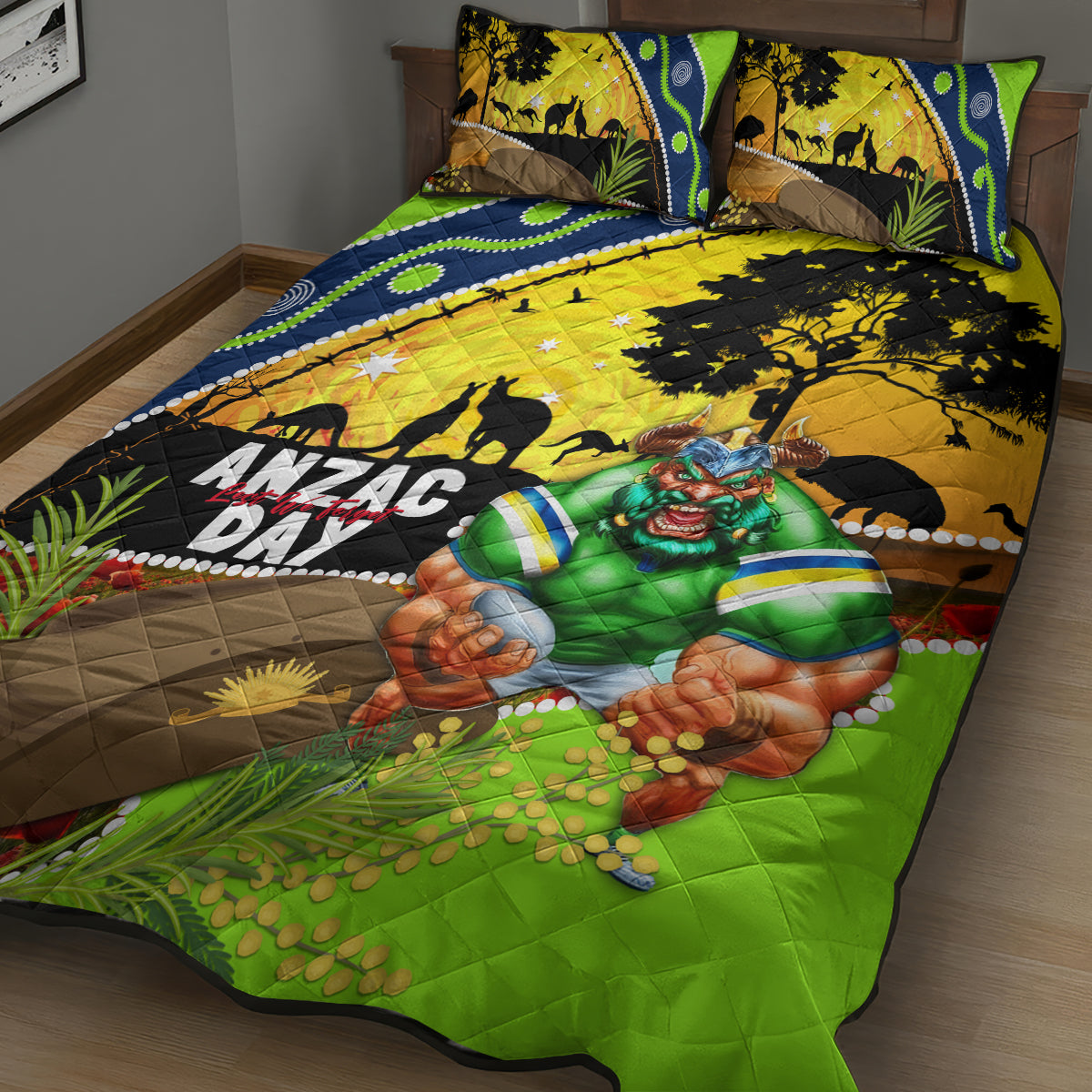 Raiders Rugby ANZAC Day Quilt Bed Set Green Machine Mascot Rosemary Starry Night
