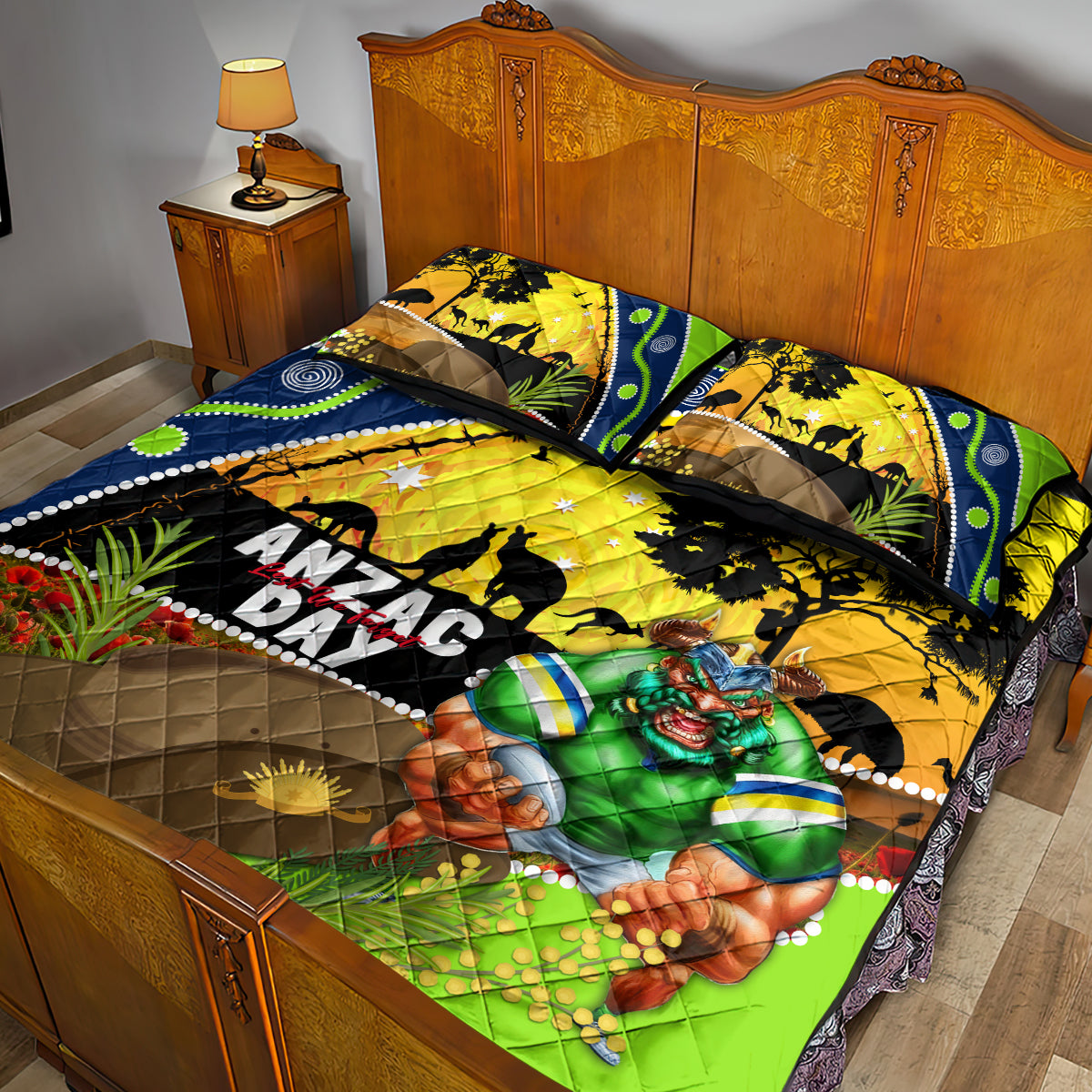Raiders Rugby ANZAC Day Quilt Bed Set Green Machine Mascot Rosemary Starry Night
