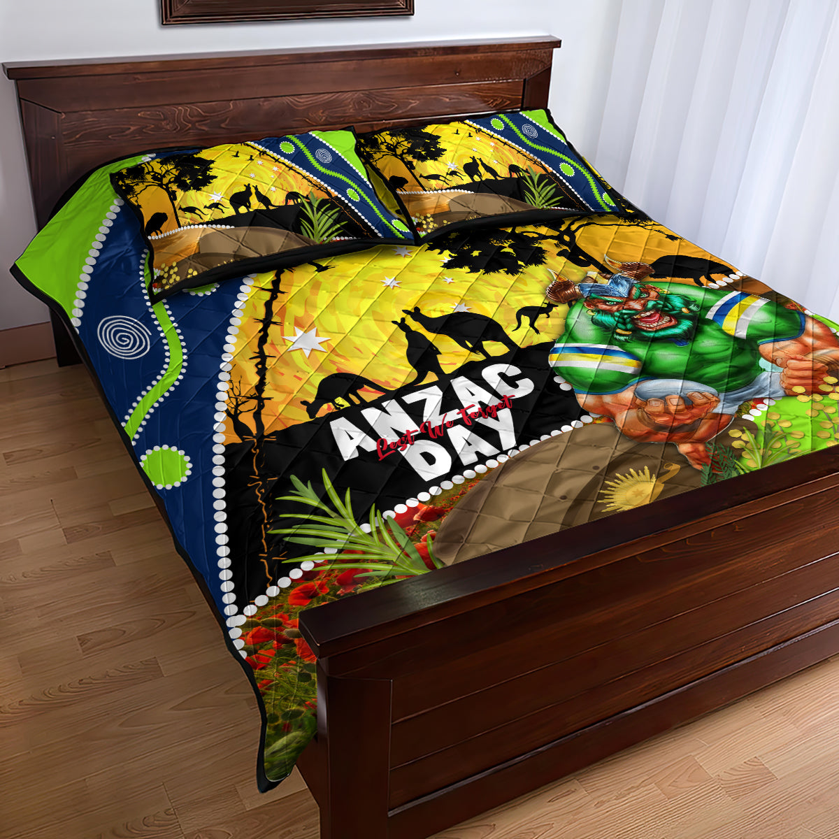 Raiders Rugby ANZAC Day Quilt Bed Set Green Machine Mascot Rosemary Starry Night
