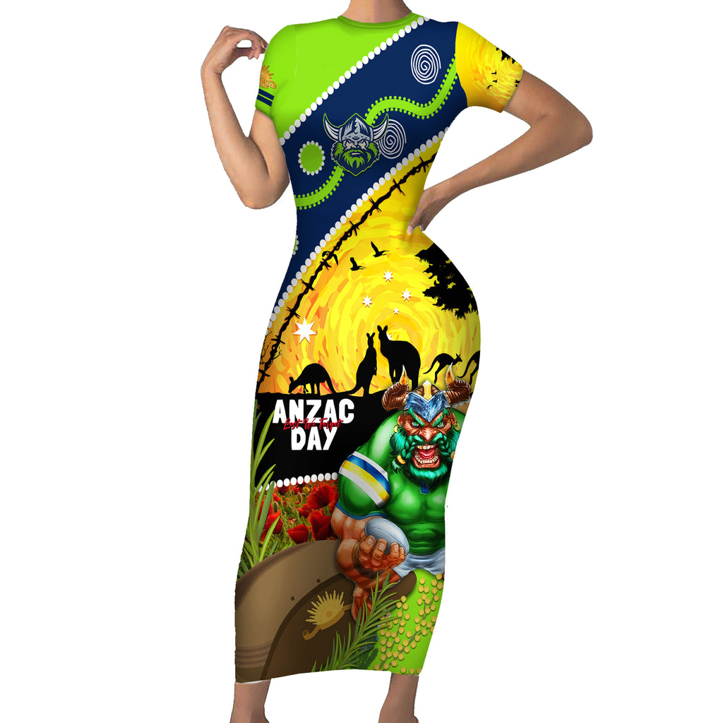 Raiders Rugby ANZAC Day Short Sleeve Bodycon Dress Green Machine Mascot Rosemary Starry Night