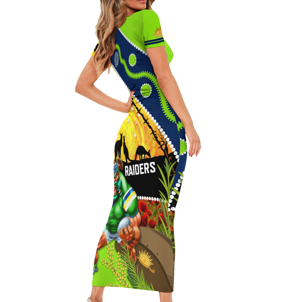 Raiders Rugby ANZAC Day Short Sleeve Bodycon Dress Green Machine Mascot Rosemary Starry Night