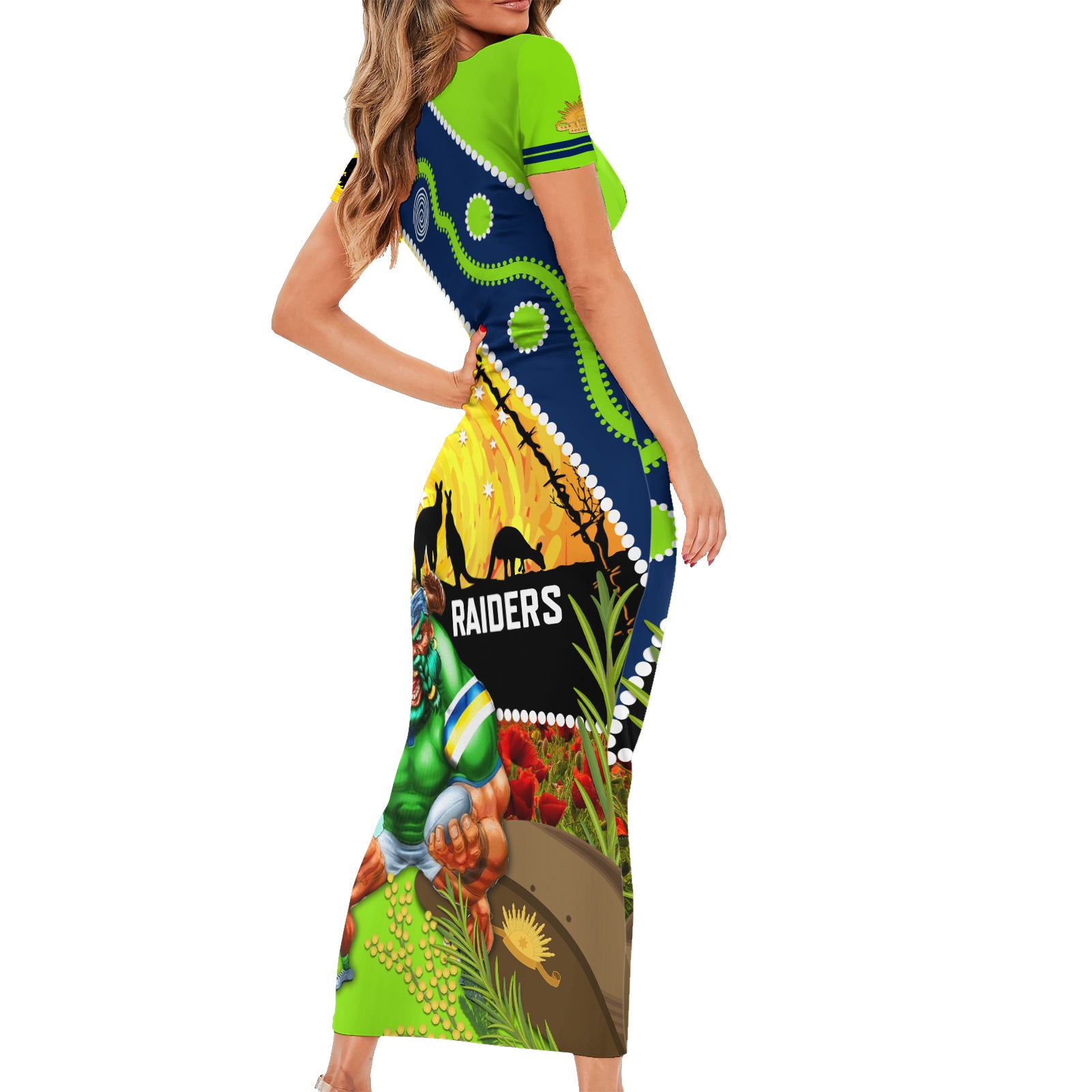 Raiders Rugby ANZAC Day Short Sleeve Bodycon Dress Green Machine Mascot Rosemary Starry Night