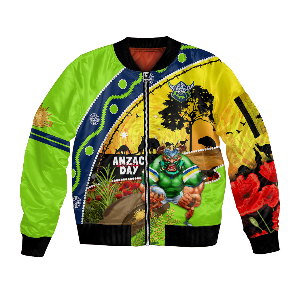 Raiders Rugby ANZAC Day Sleeve Zip Bomber Jacket Green Machine Mascot Rosemary Starry Night