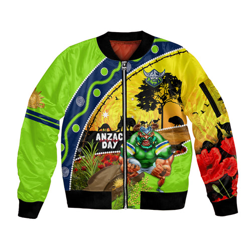 Raiders Rugby ANZAC Day Sleeve Zip Bomber Jacket Green Machine Mascot Rosemary Starry Night