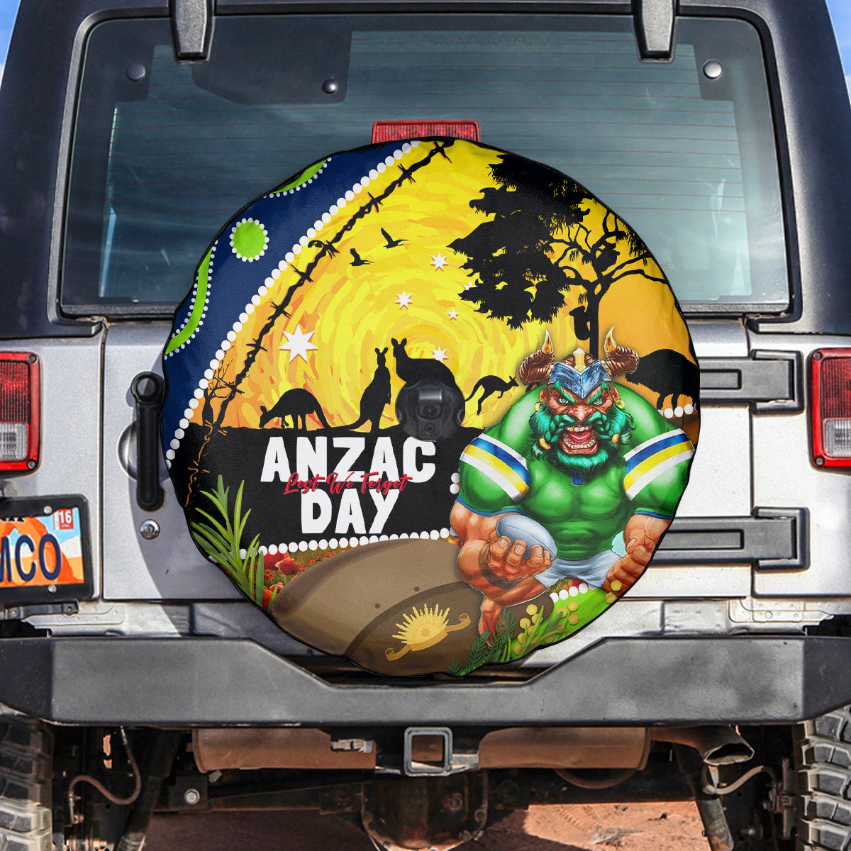 Raiders Rugby ANZAC Day Spare Tire Cover Green Machine Mascot Rosemary Starry Night