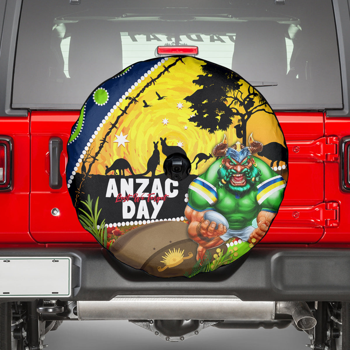 Raiders Rugby ANZAC Day Spare Tire Cover Green Machine Mascot Rosemary Starry Night