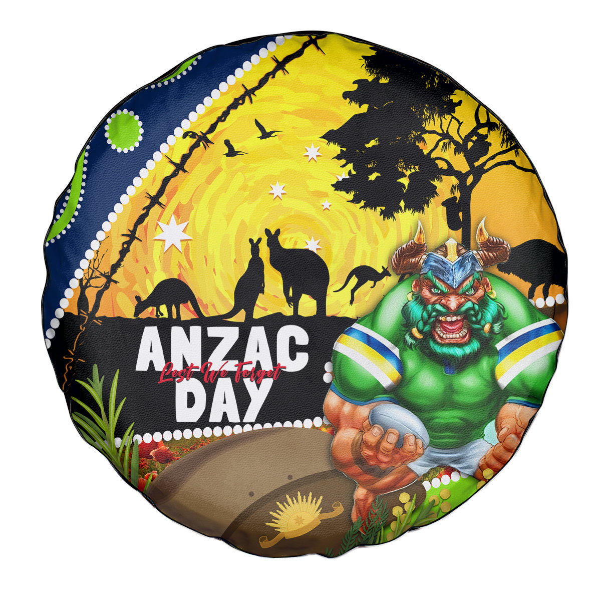 Raiders Rugby ANZAC Day Spare Tire Cover Green Machine Mascot Rosemary Starry Night