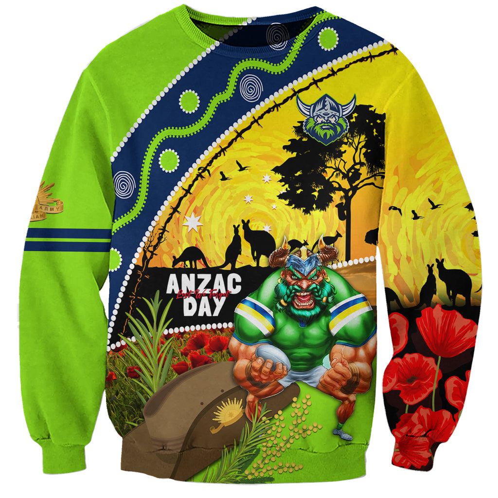Raiders Rugby ANZAC Day Sweatshirt Green Machine Mascot Rosemary Starry Night