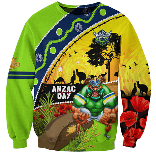 Raiders Rugby ANZAC Day Sweatshirt Green Machine Mascot Rosemary Starry Night