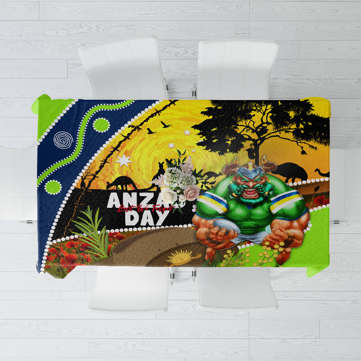 Raiders Rugby ANZAC Day Tablecloth Green Machine Mascot Rosemary Starry Night