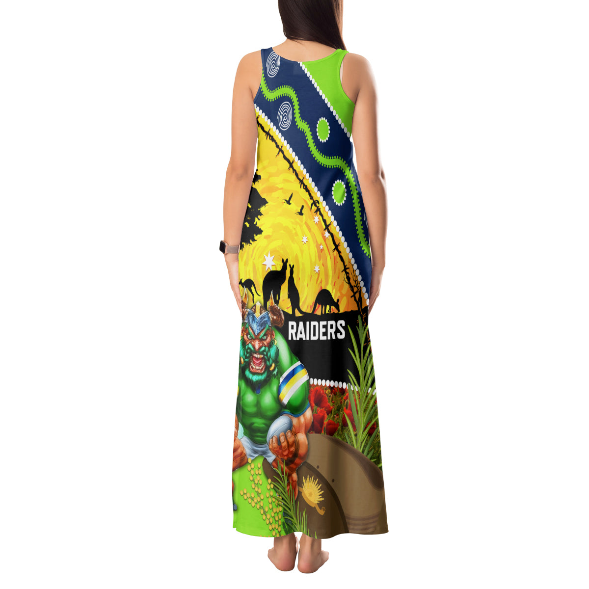 Raiders Rugby ANZAC Day Tank Maxi Dress Green Machine Mascot Rosemary Starry Night