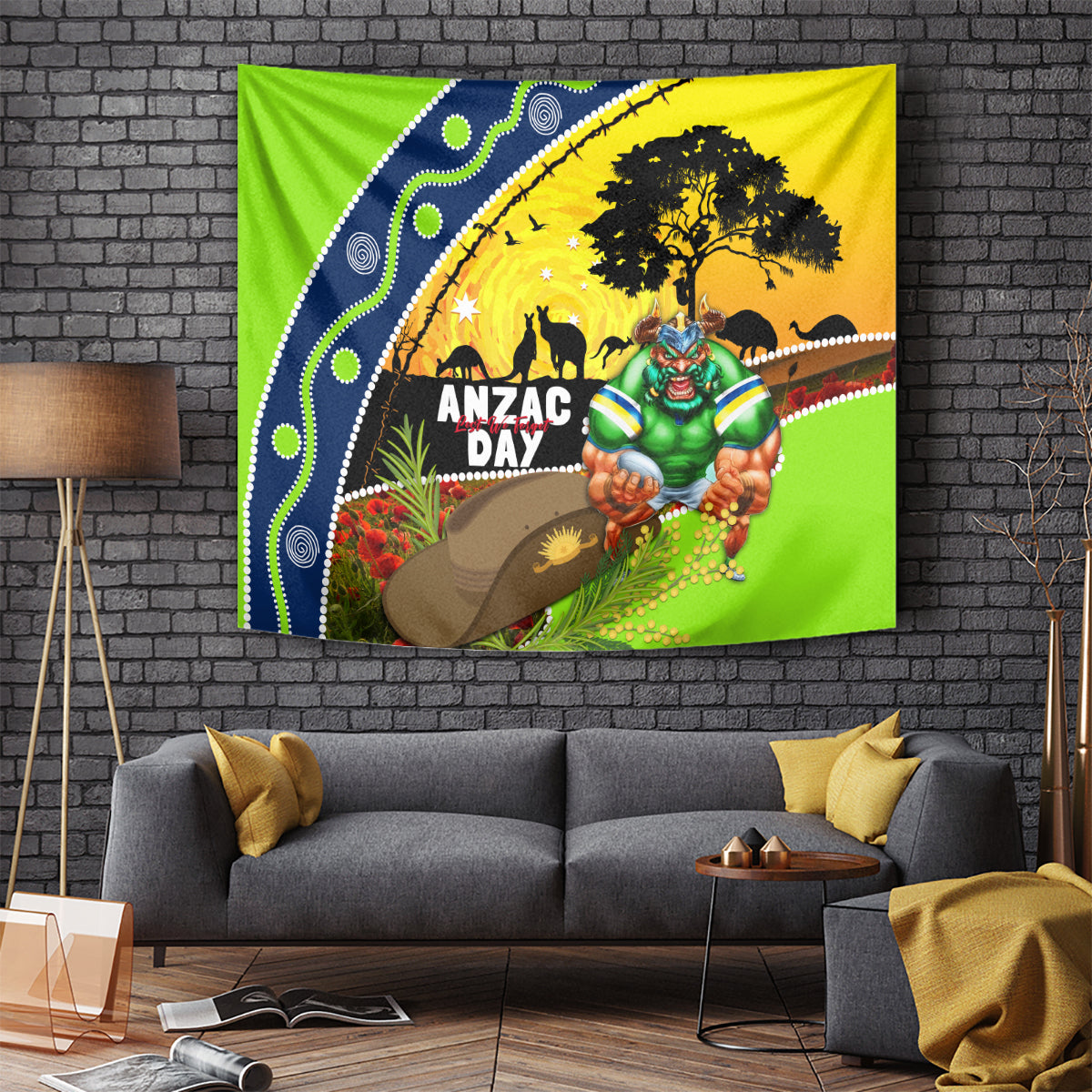 Raiders Rugby ANZAC Day Tapestry Green Machine Mascot Rosemary Starry Night