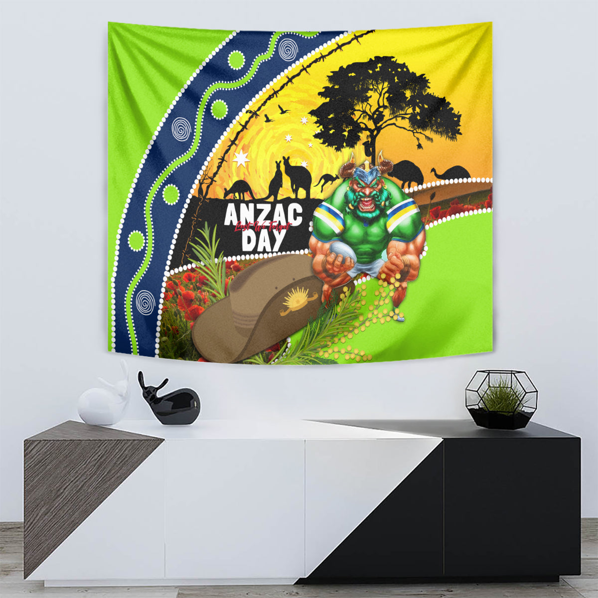 Raiders Rugby ANZAC Day Tapestry Green Machine Mascot Rosemary Starry Night