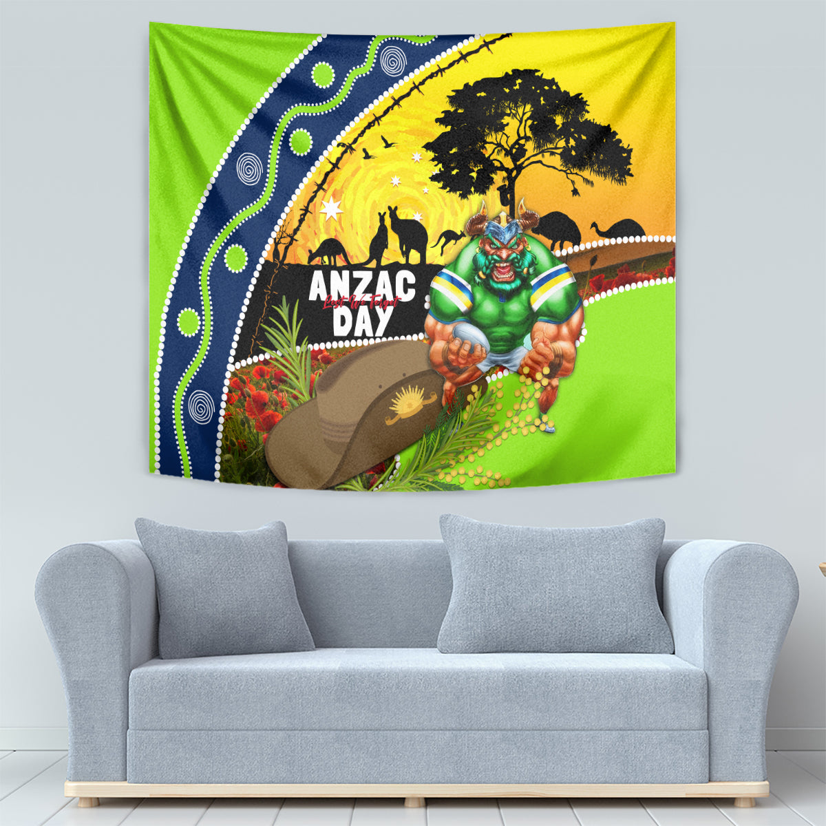 Raiders Rugby ANZAC Day Tapestry Green Machine Mascot Rosemary Starry Night