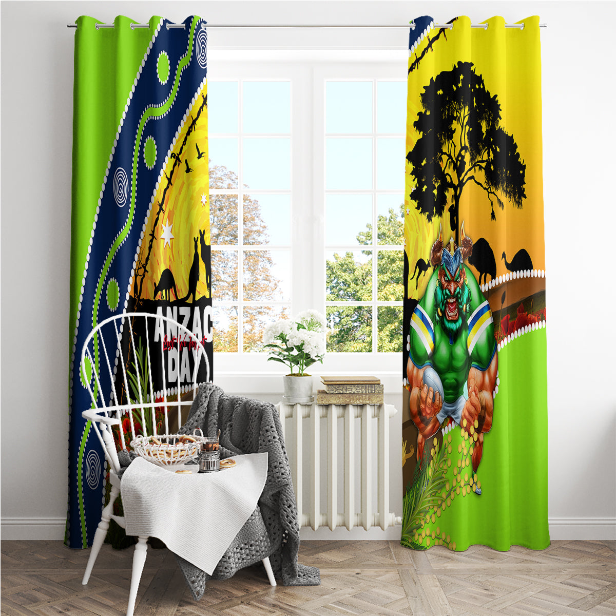 Raiders Rugby ANZAC Day Window Curtain Green Machine Mascot Rosemary Starry Night