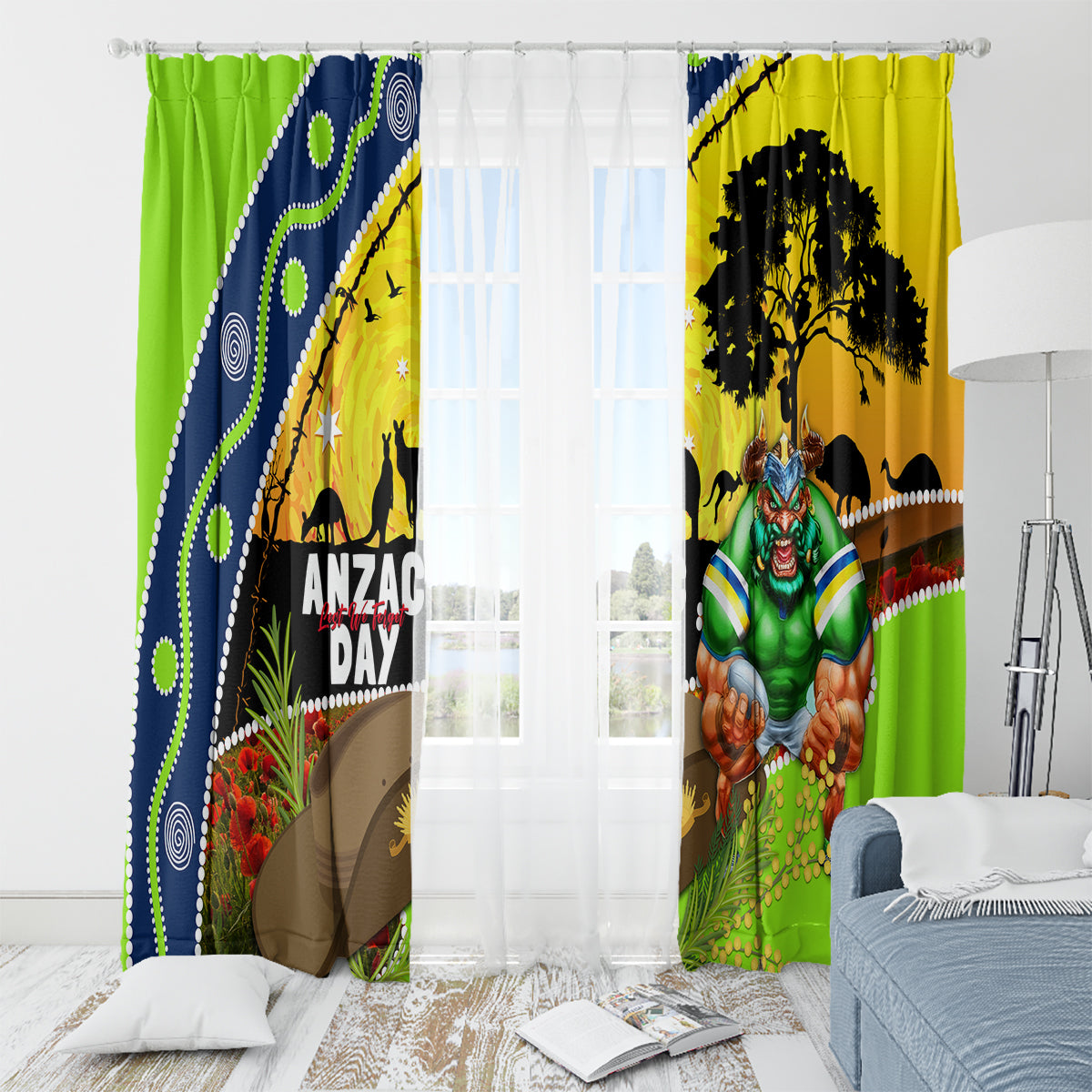 Raiders Rugby ANZAC Day Window Curtain Green Machine Mascot Rosemary Starry Night