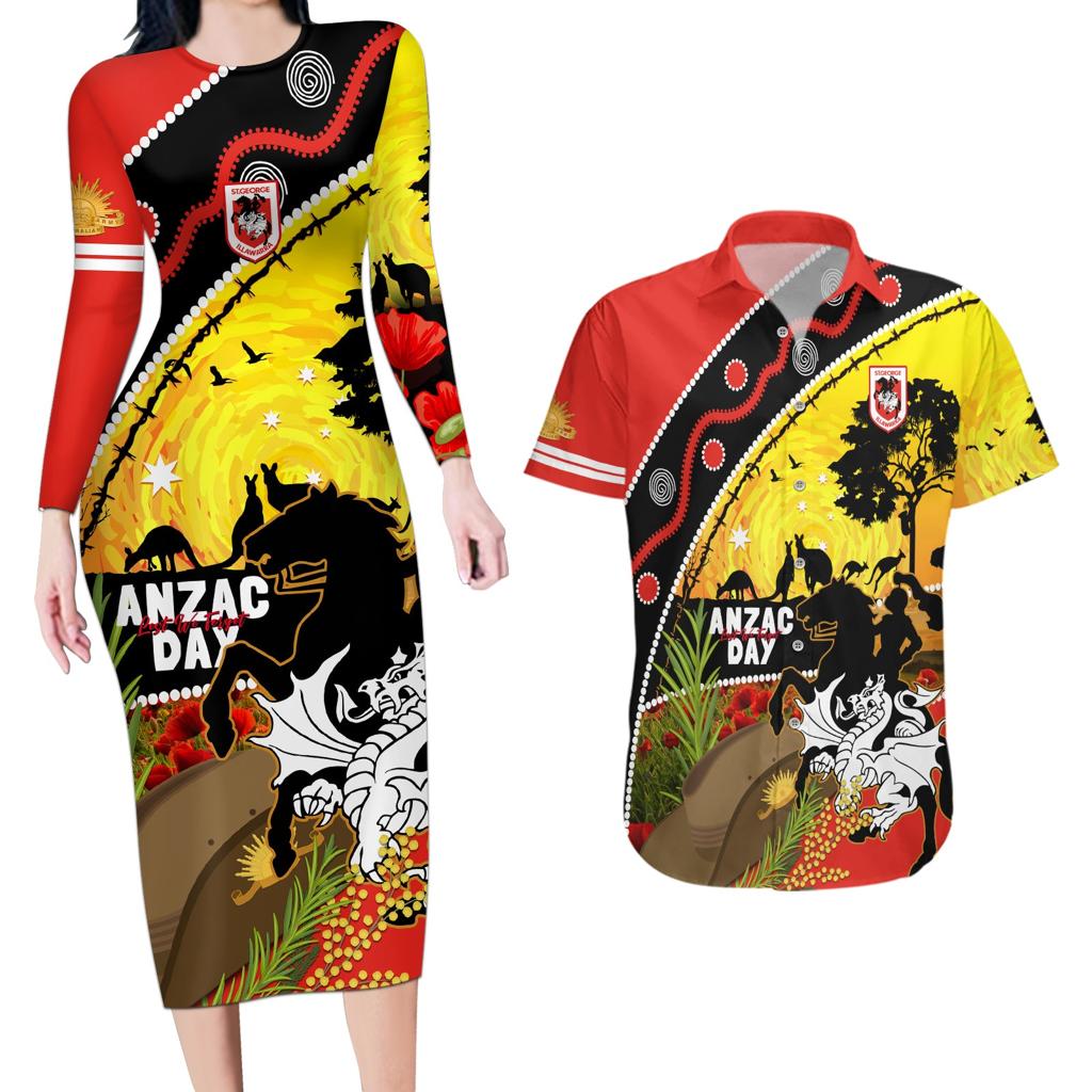 Dragons Rugby ANZAC Day Couples Matching Long Sleeve Bodycon Dress and Hawaiian Shirt Saints Rosemary Starry Night