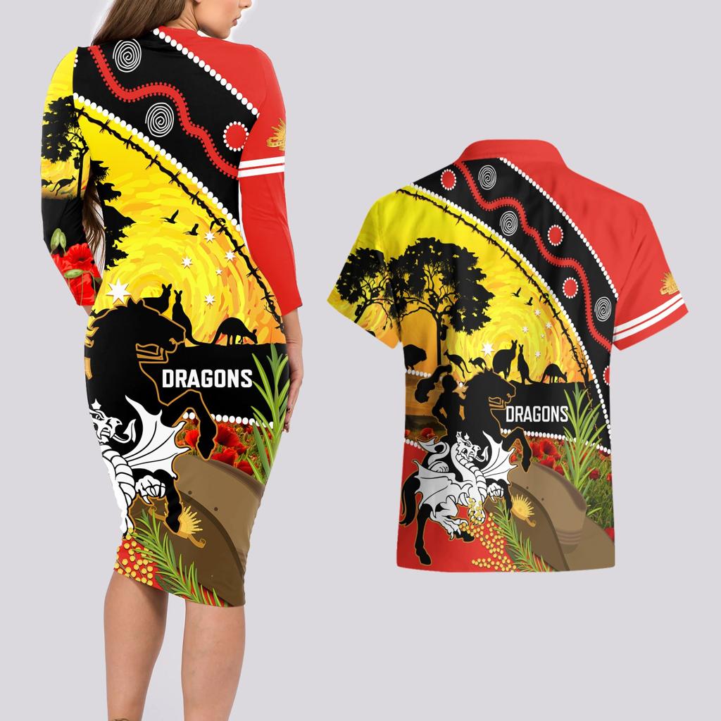 Dragons Rugby ANZAC Day Couples Matching Long Sleeve Bodycon Dress and Hawaiian Shirt Saints Rosemary Starry Night