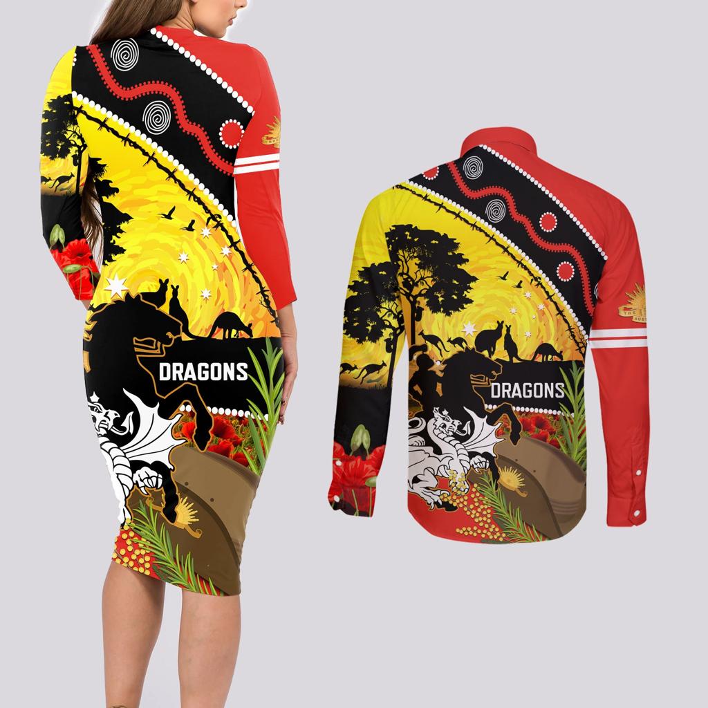 Dragons Rugby ANZAC Day Couples Matching Long Sleeve Bodycon Dress and Long Sleeve Button Shirt Saints Rosemary Starry Night