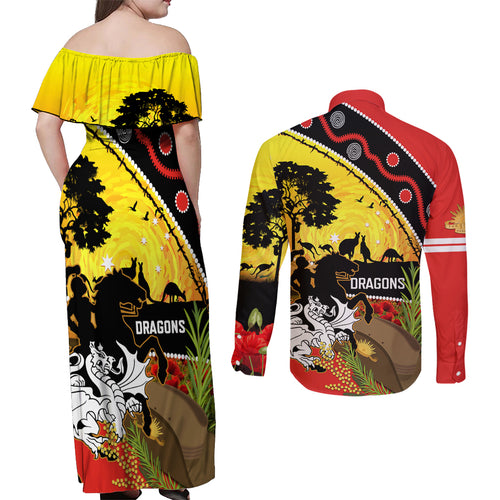 Dragons Rugby ANZAC Day Couples Matching Off Shoulder Maxi Dress and Long Sleeve Button Shirt Saints Rosemary Starry Night