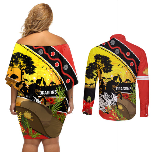 Dragons Rugby ANZAC Day Couples Matching Off Shoulder Short Dress and Long Sleeve Button Shirt Saints Rosemary Starry Night