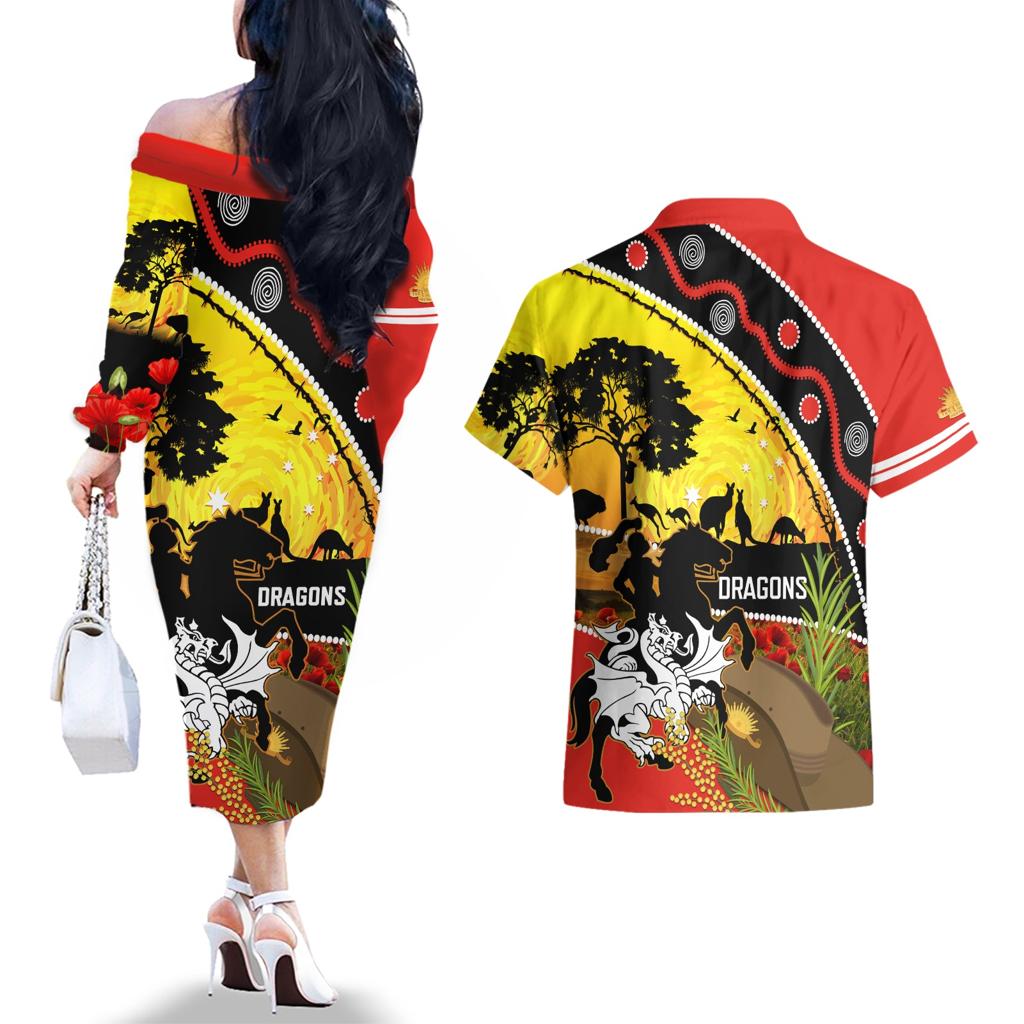 Dragons Rugby ANZAC Day Couples Matching Off The Shoulder Long Sleeve Dress and Hawaiian Shirt Saints Rosemary Starry Night