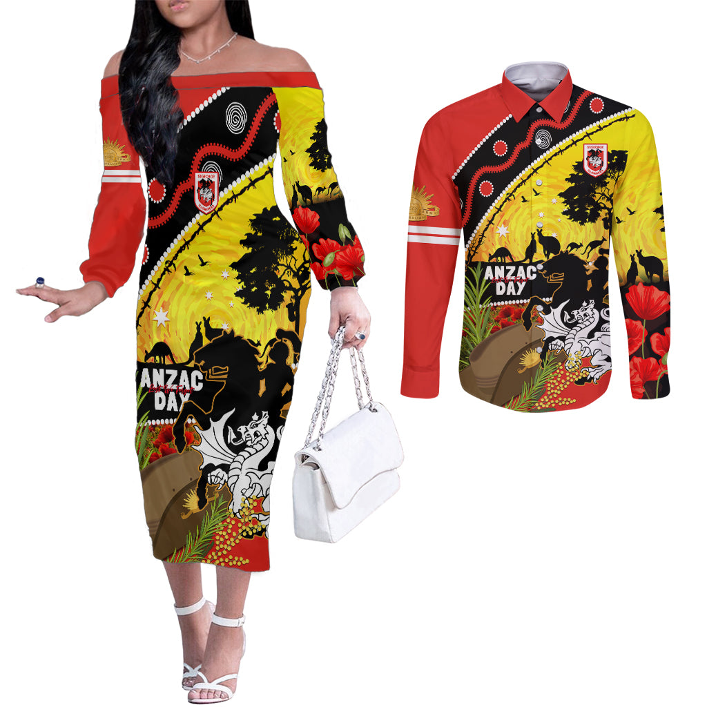 Dragons Rugby ANZAC Day Couples Matching Off The Shoulder Long Sleeve Dress and Long Sleeve Button Shirt Saints Rosemary Starry Night