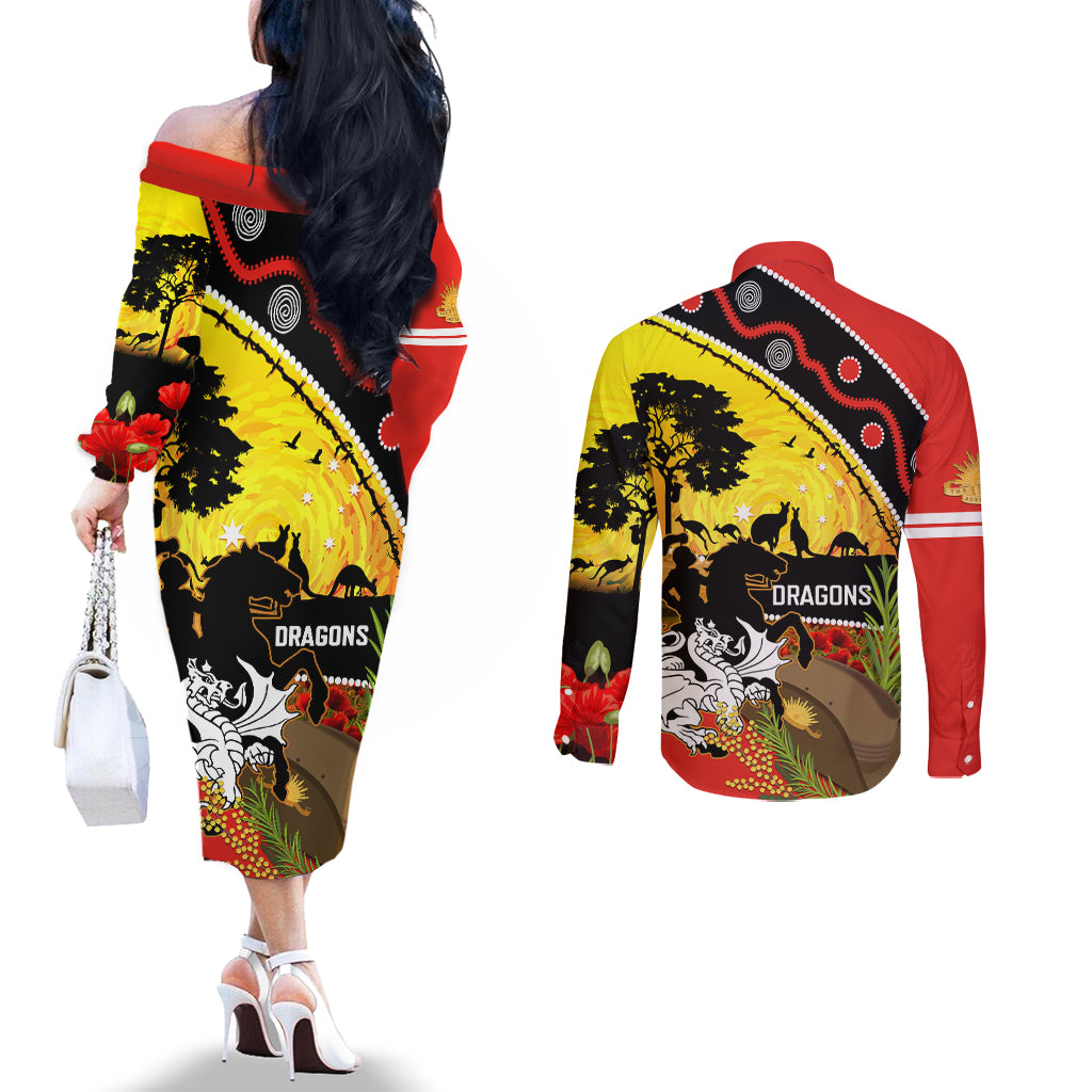 Dragons Rugby ANZAC Day Couples Matching Off The Shoulder Long Sleeve Dress and Long Sleeve Button Shirt Saints Rosemary Starry Night