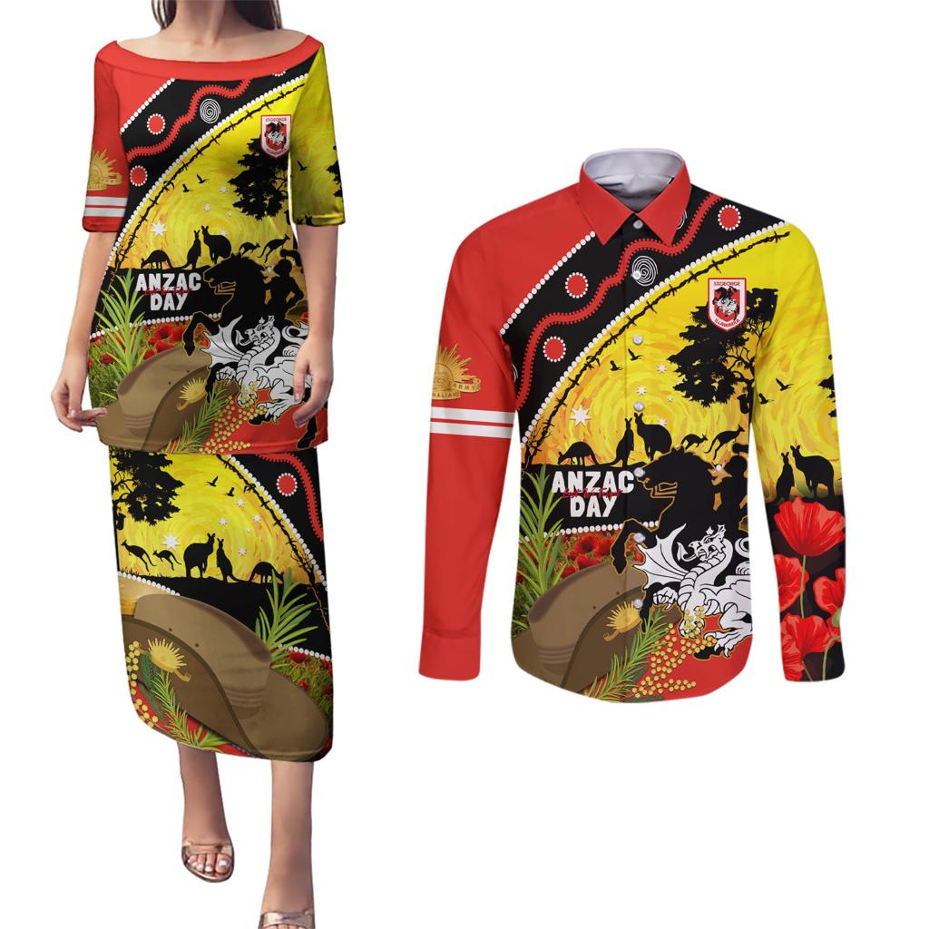 Dragons Rugby ANZAC Day Couples Matching Puletasi and Long Sleeve Button Shirt Saints Rosemary Starry Night