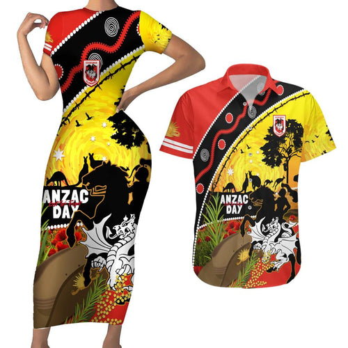 Dragons Rugby ANZAC Day Couples Matching Short Sleeve Bodycon Dress and Hawaiian Shirt Saints Rosemary Starry Night