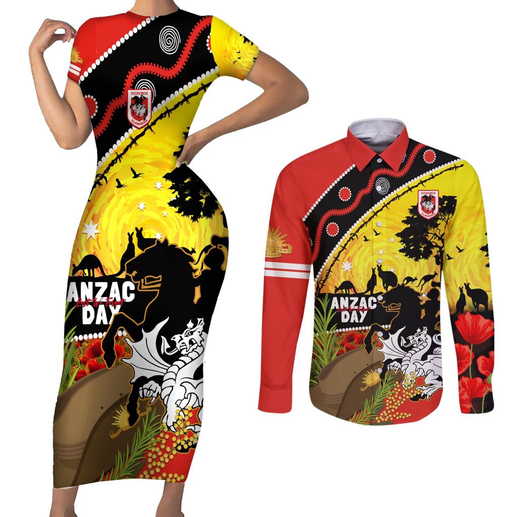 Dragons Rugby ANZAC Day Couples Matching Short Sleeve Bodycon Dress and Long Sleeve Button Shirt Saints Rosemary Starry Night