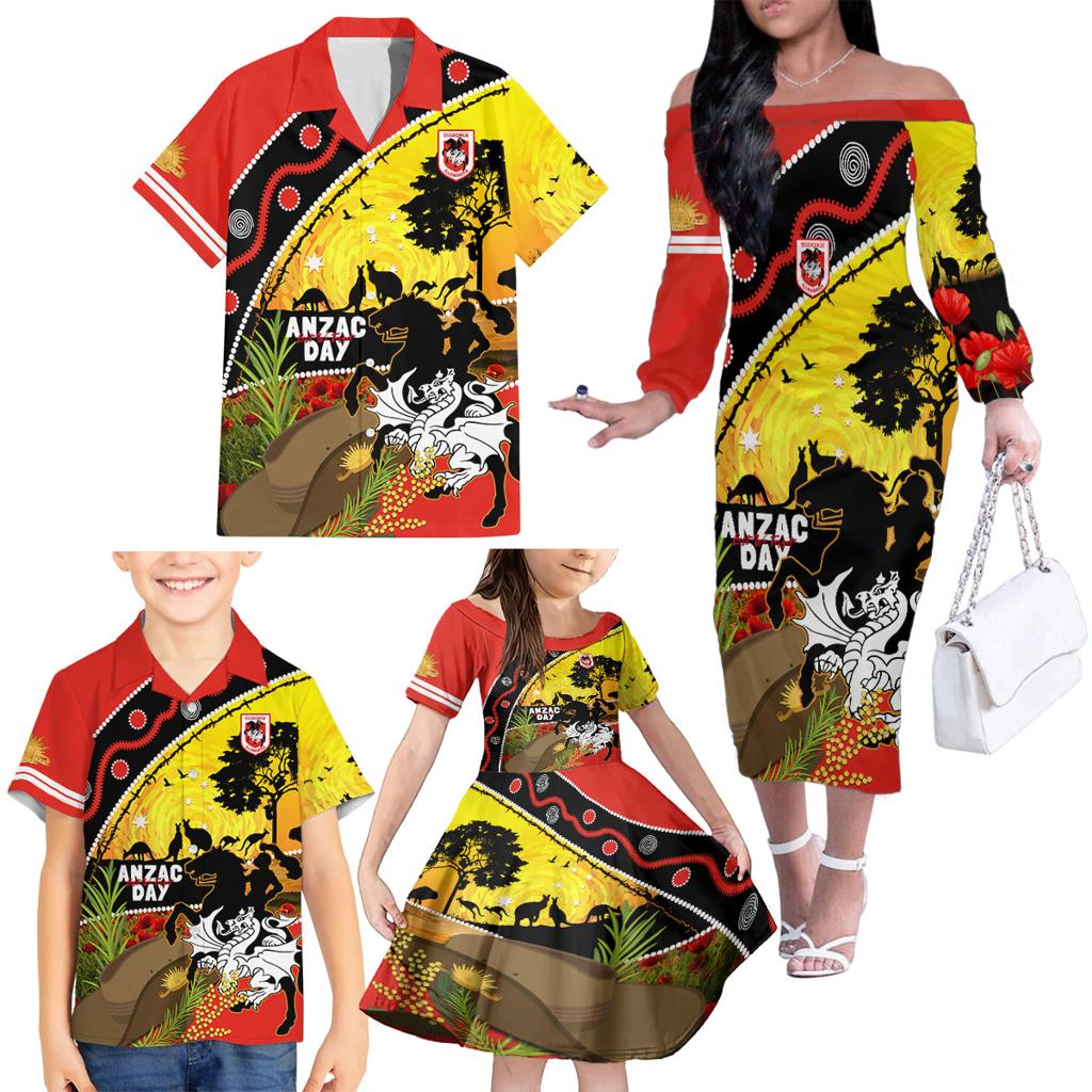 Dragons Rugby ANZAC Day Family Matching Off Shoulder Long Sleeve Dress and Hawaiian Shirt Saints Rosemary Starry Night