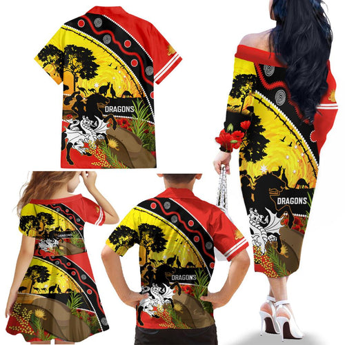 Dragons Rugby ANZAC Day Family Matching Off Shoulder Long Sleeve Dress and Hawaiian Shirt Saints Rosemary Starry Night
