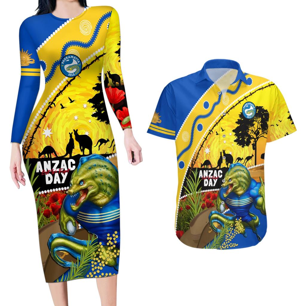 Eels Rugby ANZAC Day Couples Matching Long Sleeve Bodycon Dress and Hawaiian Shirt Parra Mascot Rosemary Starry Night