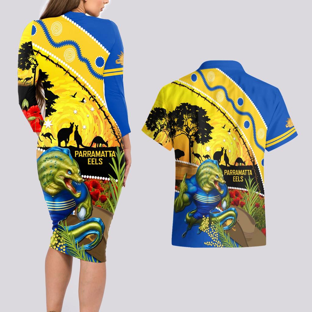 Eels Rugby ANZAC Day Couples Matching Long Sleeve Bodycon Dress and Hawaiian Shirt Parra Mascot Rosemary Starry Night