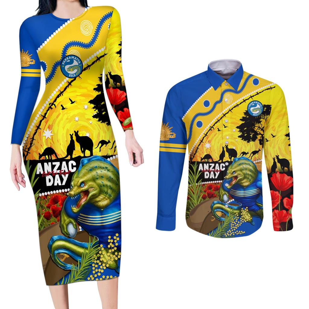 Eels Rugby ANZAC Day Couples Matching Long Sleeve Bodycon Dress and Long Sleeve Button Shirt Parra Mascot Rosemary Starry Night