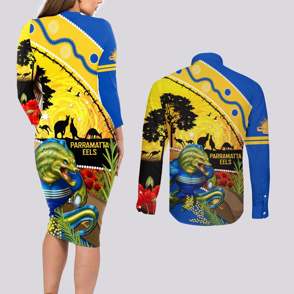Eels Rugby ANZAC Day Couples Matching Long Sleeve Bodycon Dress and Long Sleeve Button Shirt Parra Mascot Rosemary Starry Night