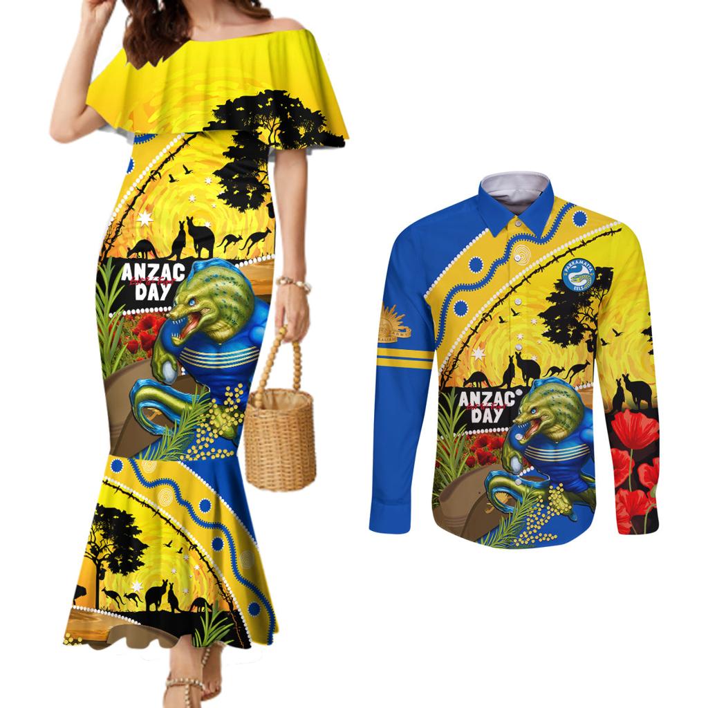 Eels Rugby ANZAC Day Couples Matching Mermaid Dress and Long Sleeve Button Shirt Parra Mascot Rosemary Starry Night