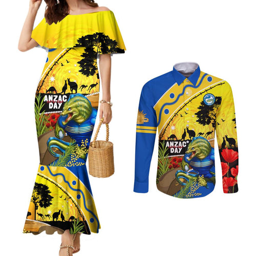 Eels Rugby ANZAC Day Couples Matching Mermaid Dress and Long Sleeve Button Shirt Parra Mascot Rosemary Starry Night