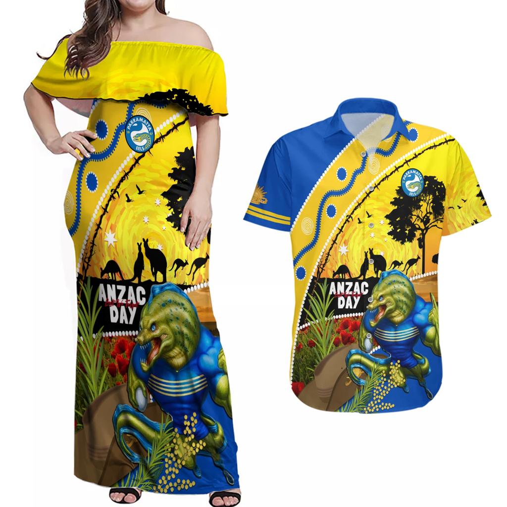 Eels Rugby ANZAC Day Couples Matching Off Shoulder Maxi Dress and Hawaiian Shirt Parra Mascot Rosemary Starry Night