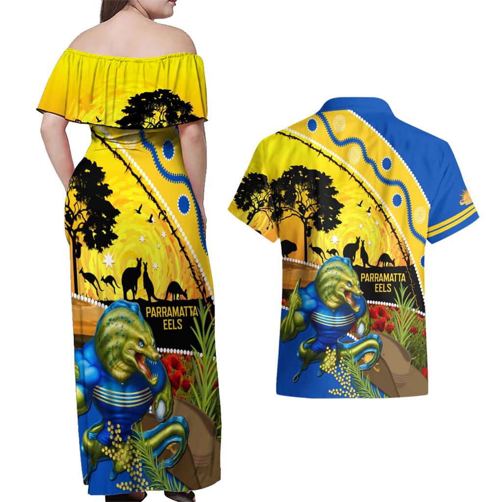 Eels Rugby ANZAC Day Couples Matching Off Shoulder Maxi Dress and Hawaiian Shirt Parra Mascot Rosemary Starry Night
