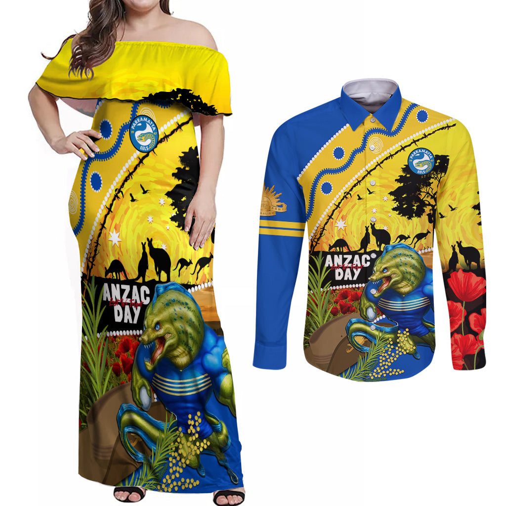 Eels Rugby ANZAC Day Couples Matching Off Shoulder Maxi Dress and Long Sleeve Button Shirt Parra Mascot Rosemary Starry Night