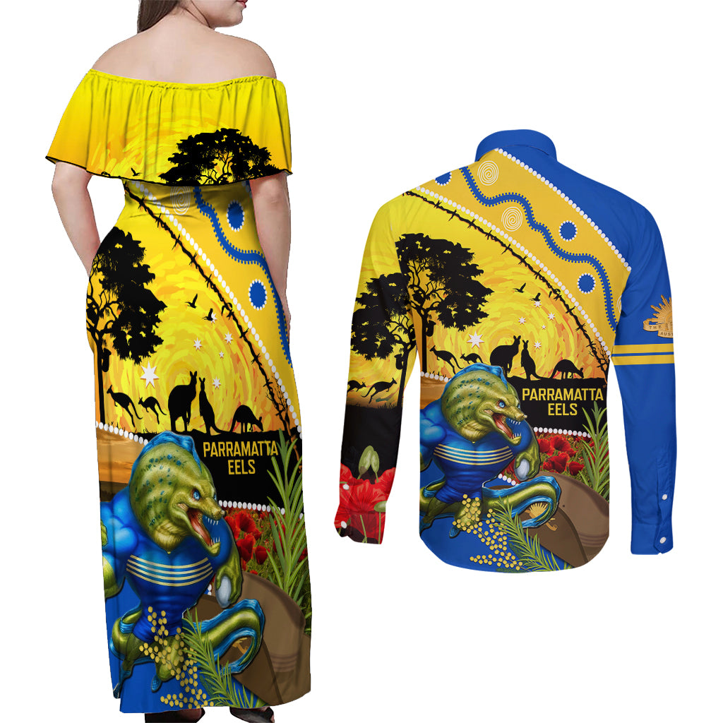 Eels Rugby ANZAC Day Couples Matching Off Shoulder Maxi Dress and Long Sleeve Button Shirt Parra Mascot Rosemary Starry Night