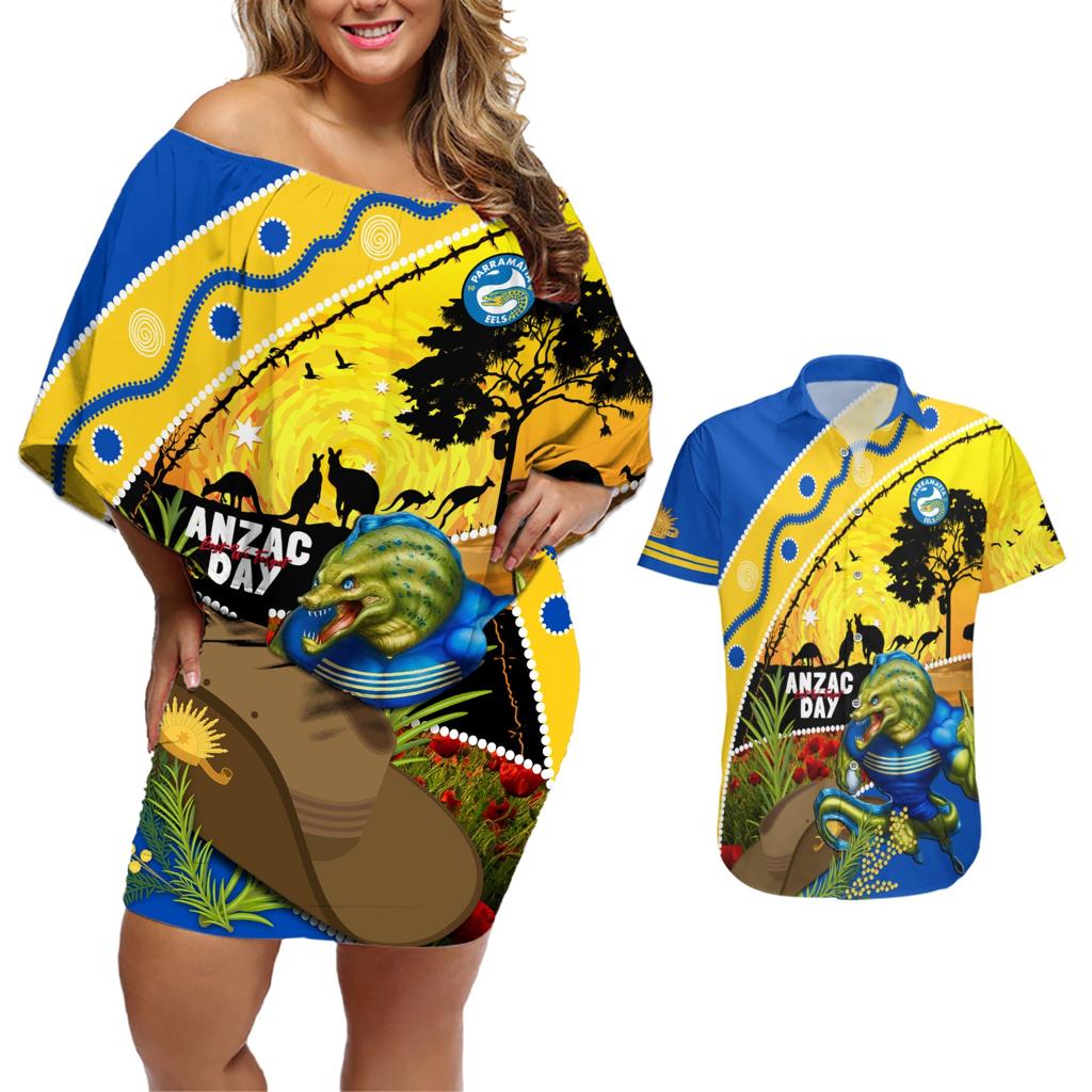 Eels Rugby ANZAC Day Couples Matching Off Shoulder Short Dress and Hawaiian Shirt Parra Mascot Rosemary Starry Night