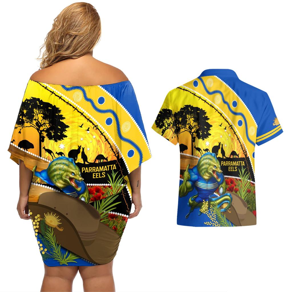 Eels Rugby ANZAC Day Couples Matching Off Shoulder Short Dress and Hawaiian Shirt Parra Mascot Rosemary Starry Night