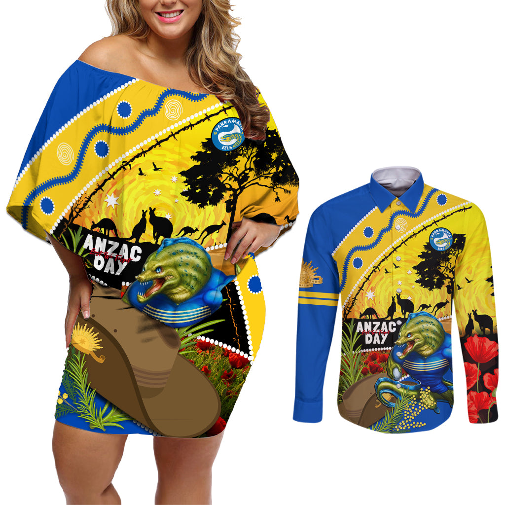 Eels Rugby ANZAC Day Couples Matching Off Shoulder Short Dress and Long Sleeve Button Shirt Parra Mascot Rosemary Starry Night