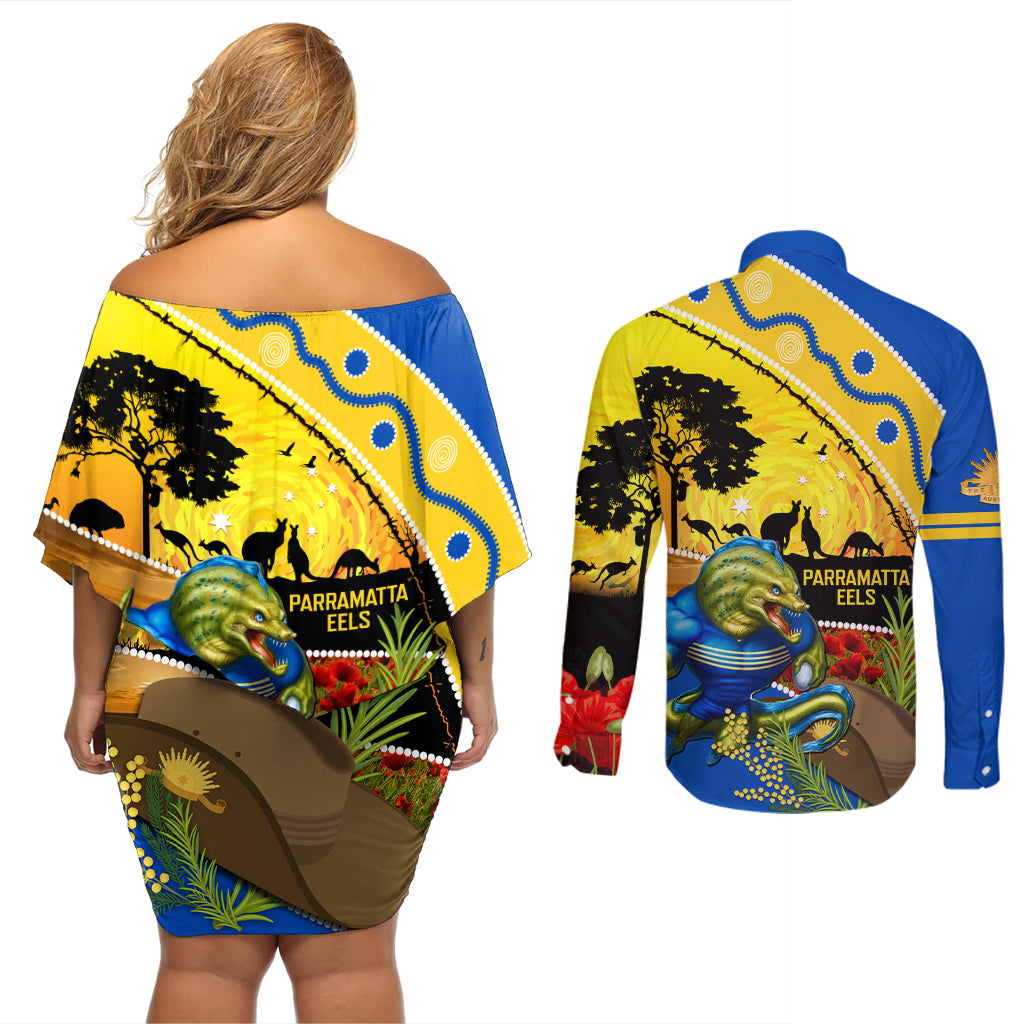 Eels Rugby ANZAC Day Couples Matching Off Shoulder Short Dress and Long Sleeve Button Shirt Parra Mascot Rosemary Starry Night